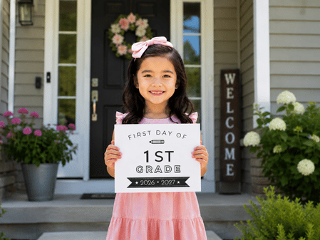 a girl with first day of school sign