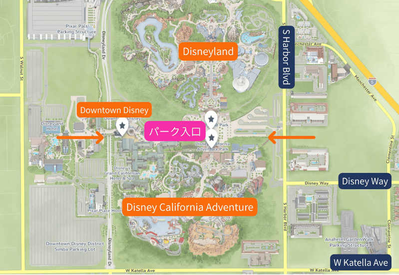 カリフォルニア・ディズニーランドの2つのパーク、ダウンタウン・ディズニー、周辺道路の位置関係を示す地図